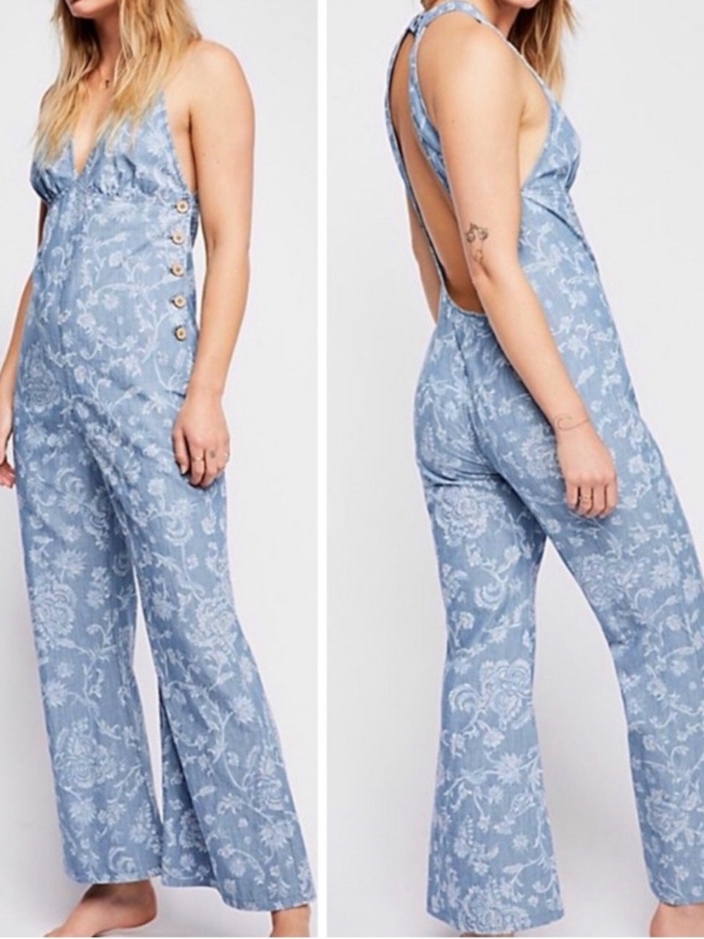 FREE PEOPLE Dance All Night Floral Chambray Jumpsuit